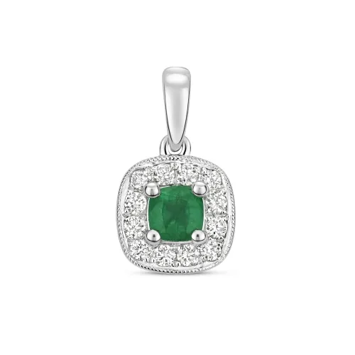 Diamond and Emerald Cushion Pendant 9ct White Gold